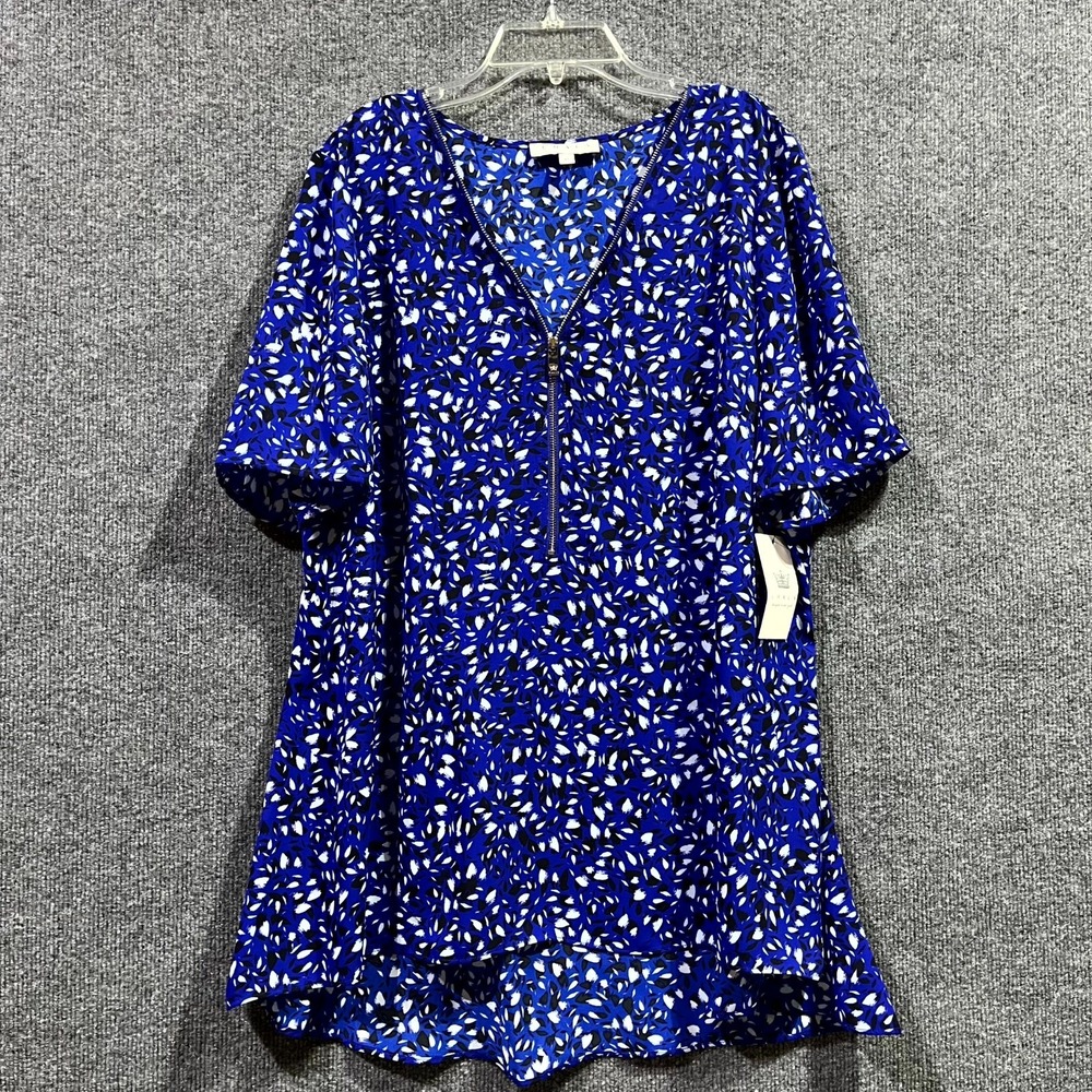 Chaus New York Blouse Womens XL Wild Blue White Ditsy Floral‎ Preppy Zip Front